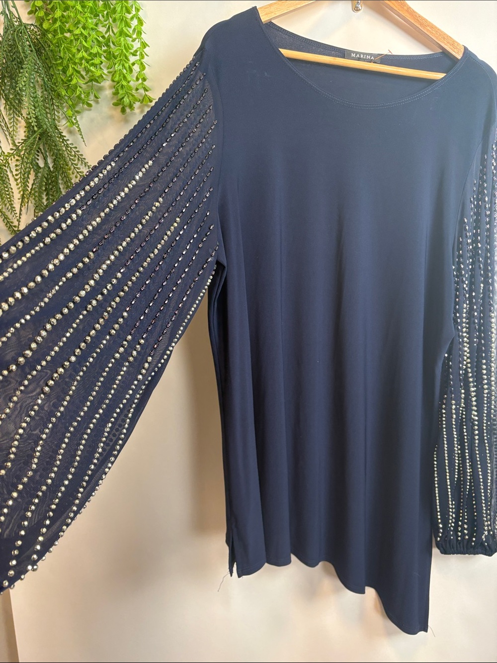 MARINA Navy Long-Sleeve Tunic with Beaded Sleeves